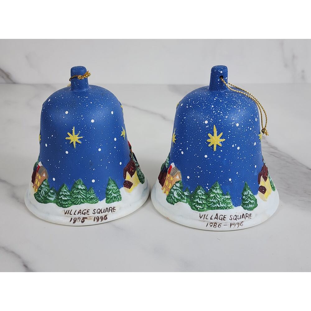 Village Square Christmas Bell Tree Ornament 1986 1996 Ceramic 4" Blue x2 Vintage